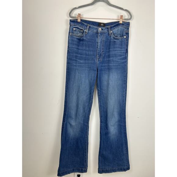 7 For all Mankind Dojo Jeans Women's 32 x 31 Blue Flare Leg Mid Rise Medium Wash - Picture 1 of 12